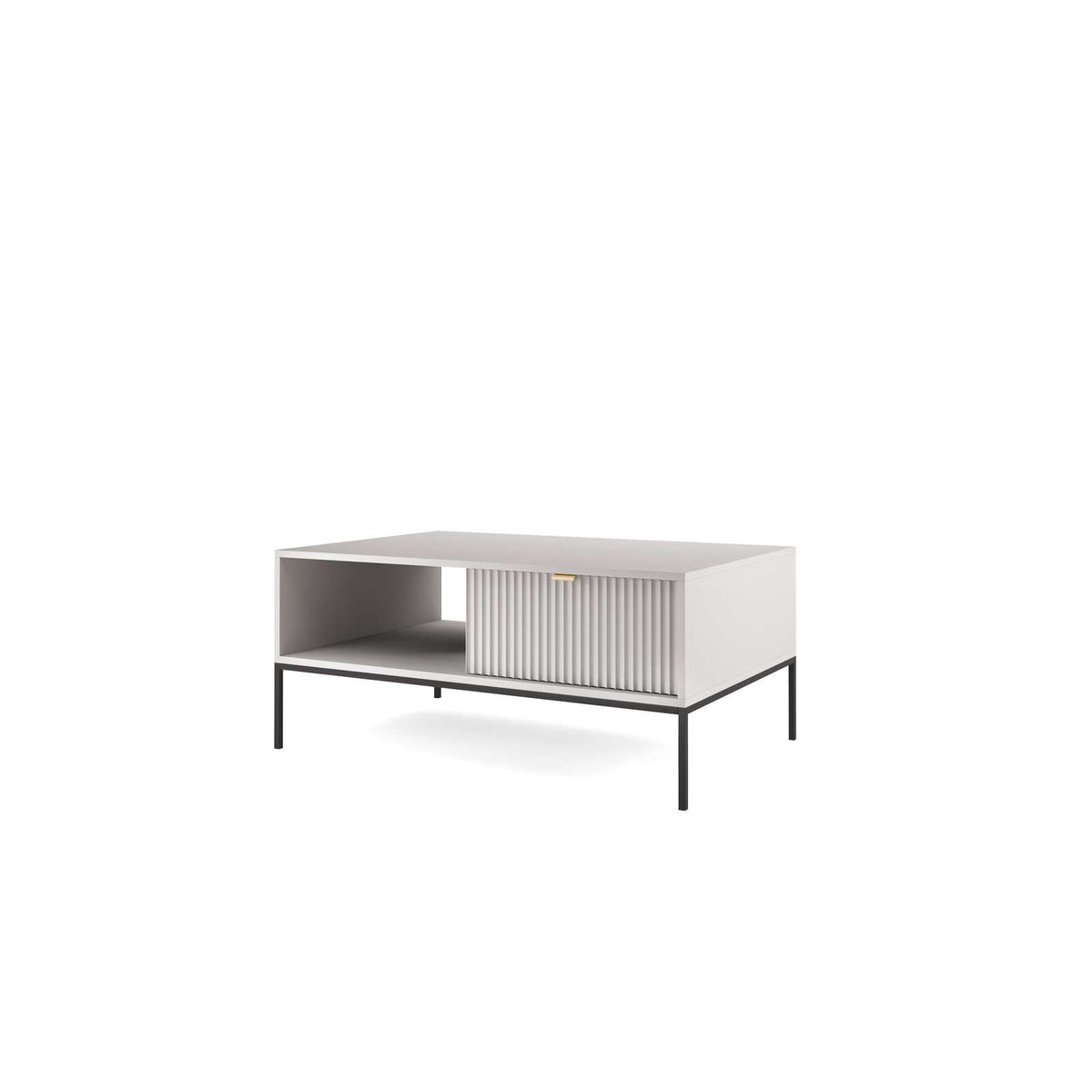 Light cashmere coffee table with open shelf and ribbed cabinet front