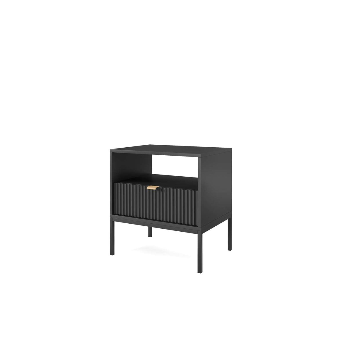 Dark gray bedside table with ribbed cabinet door, open shelf, and black legs.