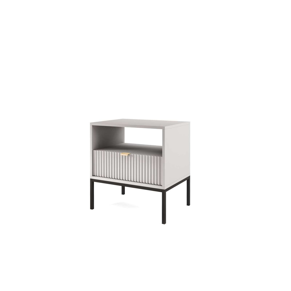 White bedside table with ribbed cabinet door, open shelf, and black legs.