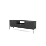 Black TV cabinet with ribbed doors and open center shelf