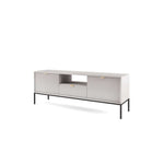 Light grey TV cabinet with ribbed doors and open center shelf