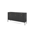 Dark gray ribbed sideboard with three doors and three drawers, gold bar handles