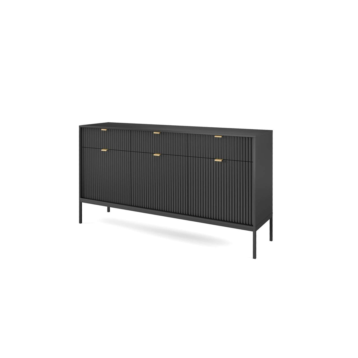 Dark gray ribbed sideboard with three doors and three drawers, gold bar handles