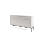 Light gray ribbed sideboard with three doors and gold bar handles, black leg base