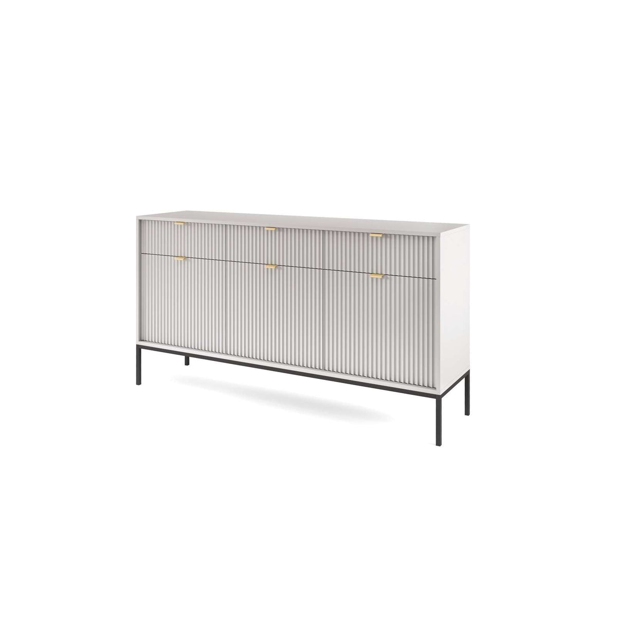 Light gray ribbed sideboard with three doors and gold bar handles, black leg base