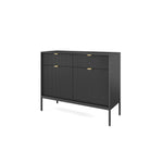 Black sideboard with 2 drawers and 2 slatted doors, gold handles, metal legs