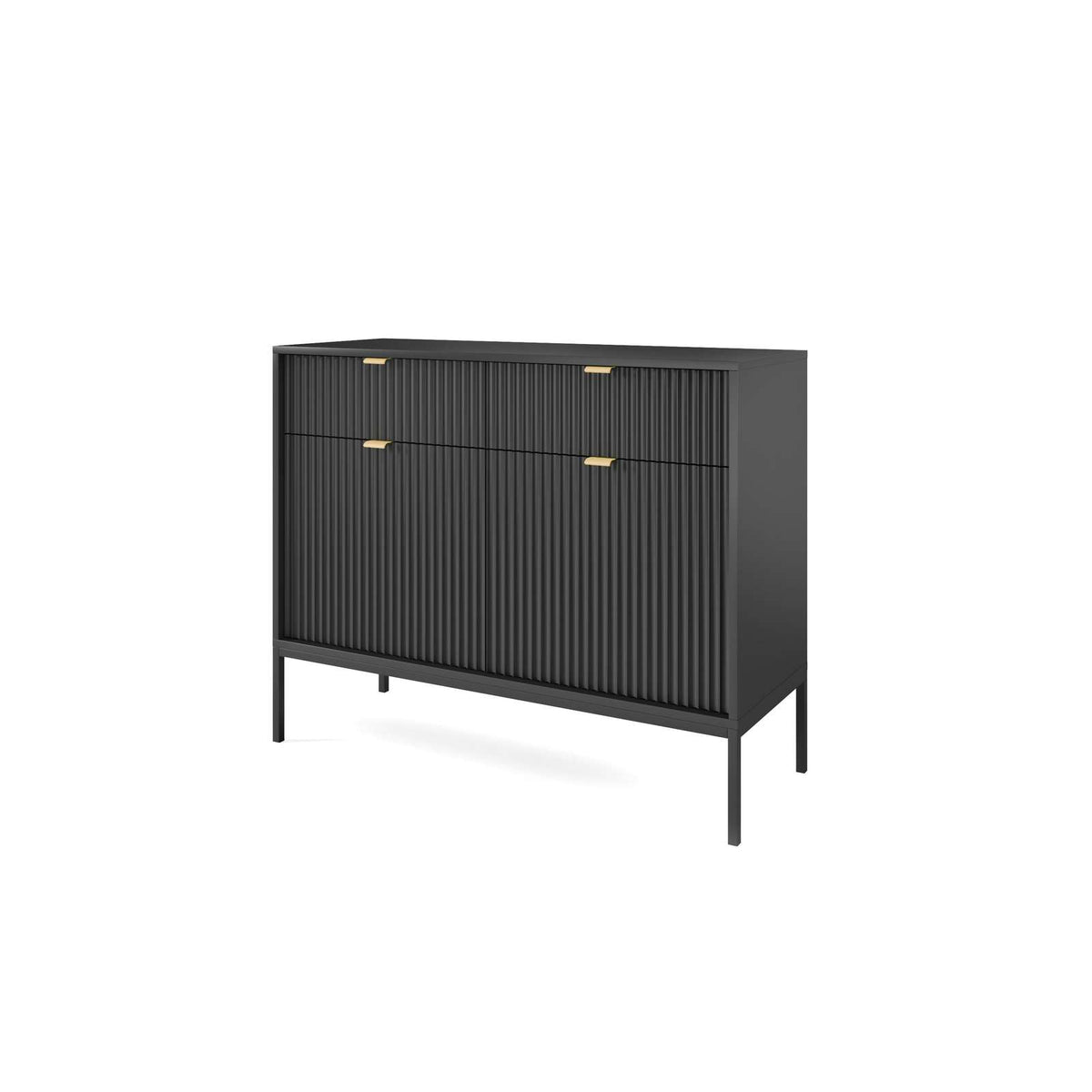 Black sideboard with 2 drawers and 2 slatted doors, gold handles, metal legs