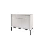 White sideboard with 2 drawers and 2 slatted doors, gold handles, metal legs