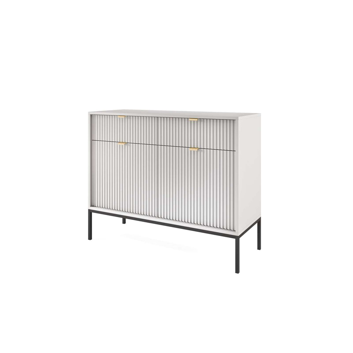 White sideboard with 2 drawers and 2 slatted doors, gold handles, metal legs