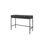 Dark console table with ribbed drawer front, open lower shelf, and black metal frame