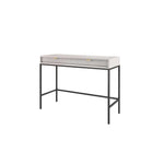 White console table with ribbed drawer front, open lower shelf, and black metal frame