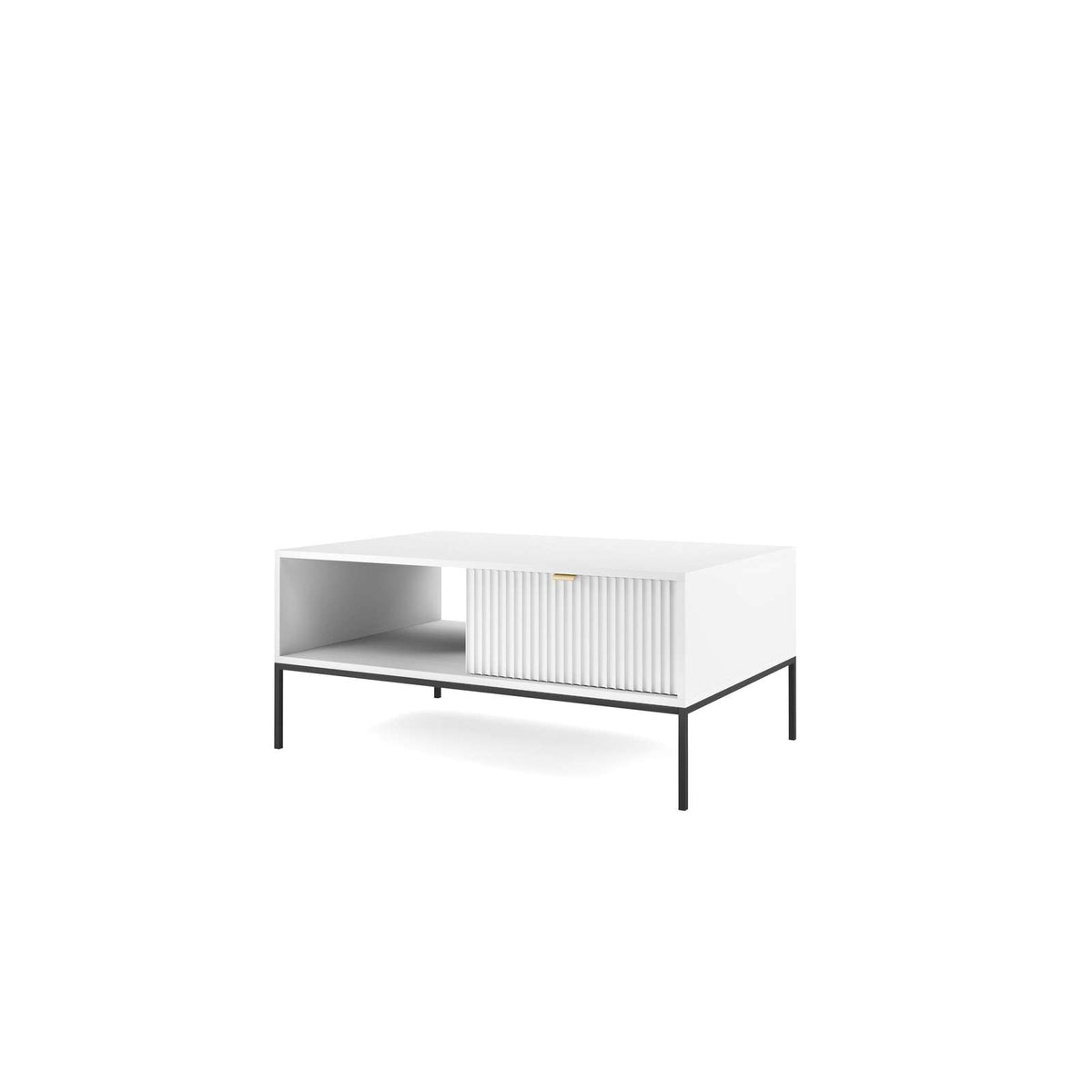White coffee table with open shelf and ribbed cabinet front