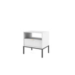 White bedside table with ribbed cabinet door, open shelf, and black legs.
