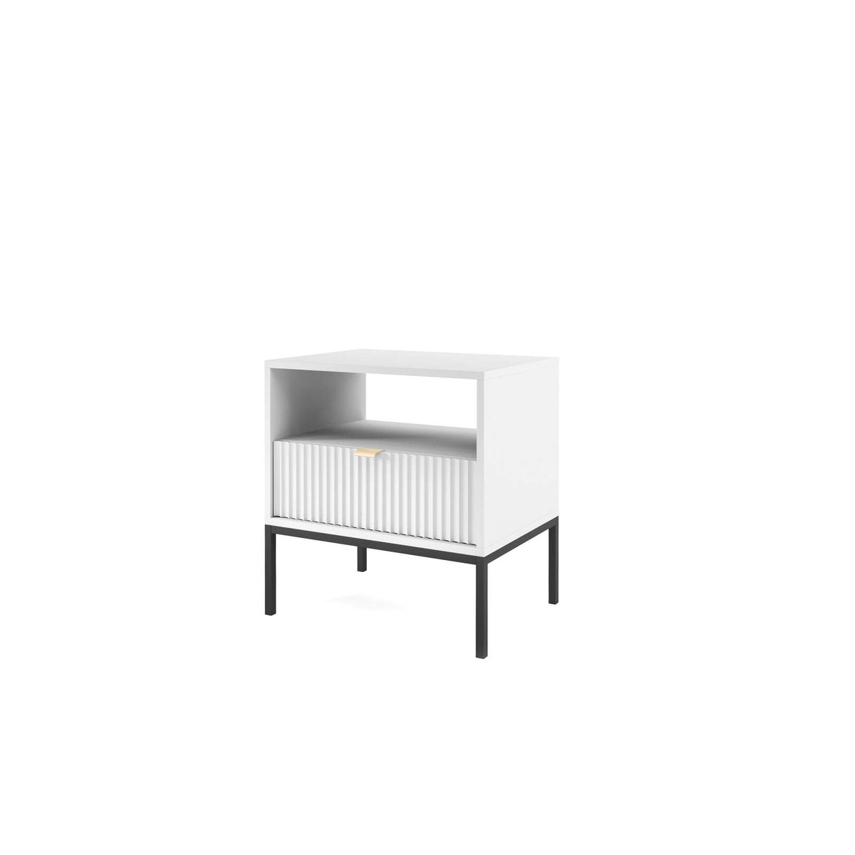 White bedside table with ribbed cabinet door, open shelf, and black legs.