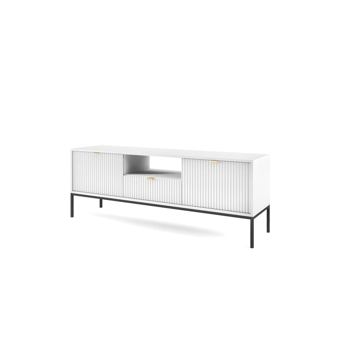White TV cabinet with ribbed doors and open center shelf