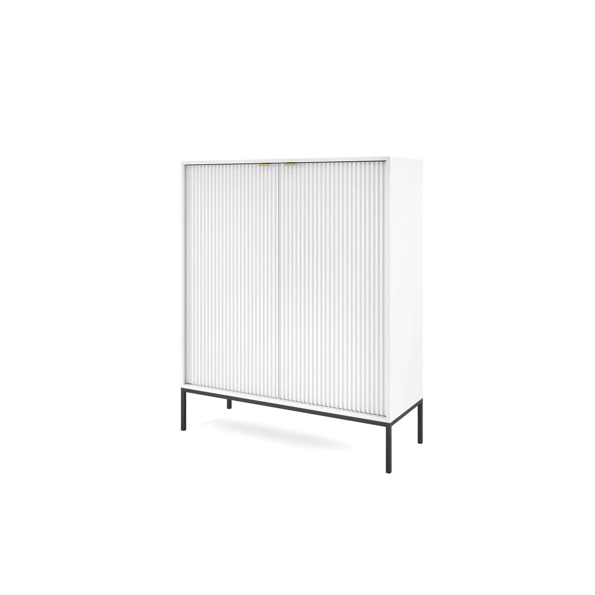 2-door highboard cabinet with vertical ribbed doors and black legs, white front