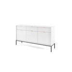 White ribbed sideboard with three doors and gold bar handles, black leg base