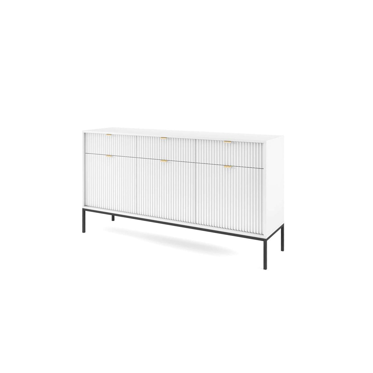 White ribbed sideboard with three doors and gold bar handles, black leg base