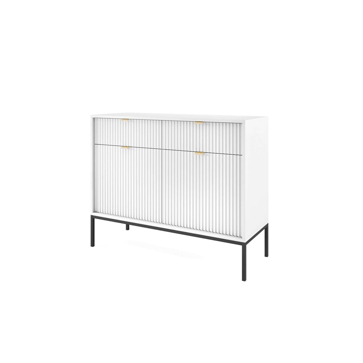 White sideboard with 2 drawers and 2 slatted doors, gold handles, metal legs