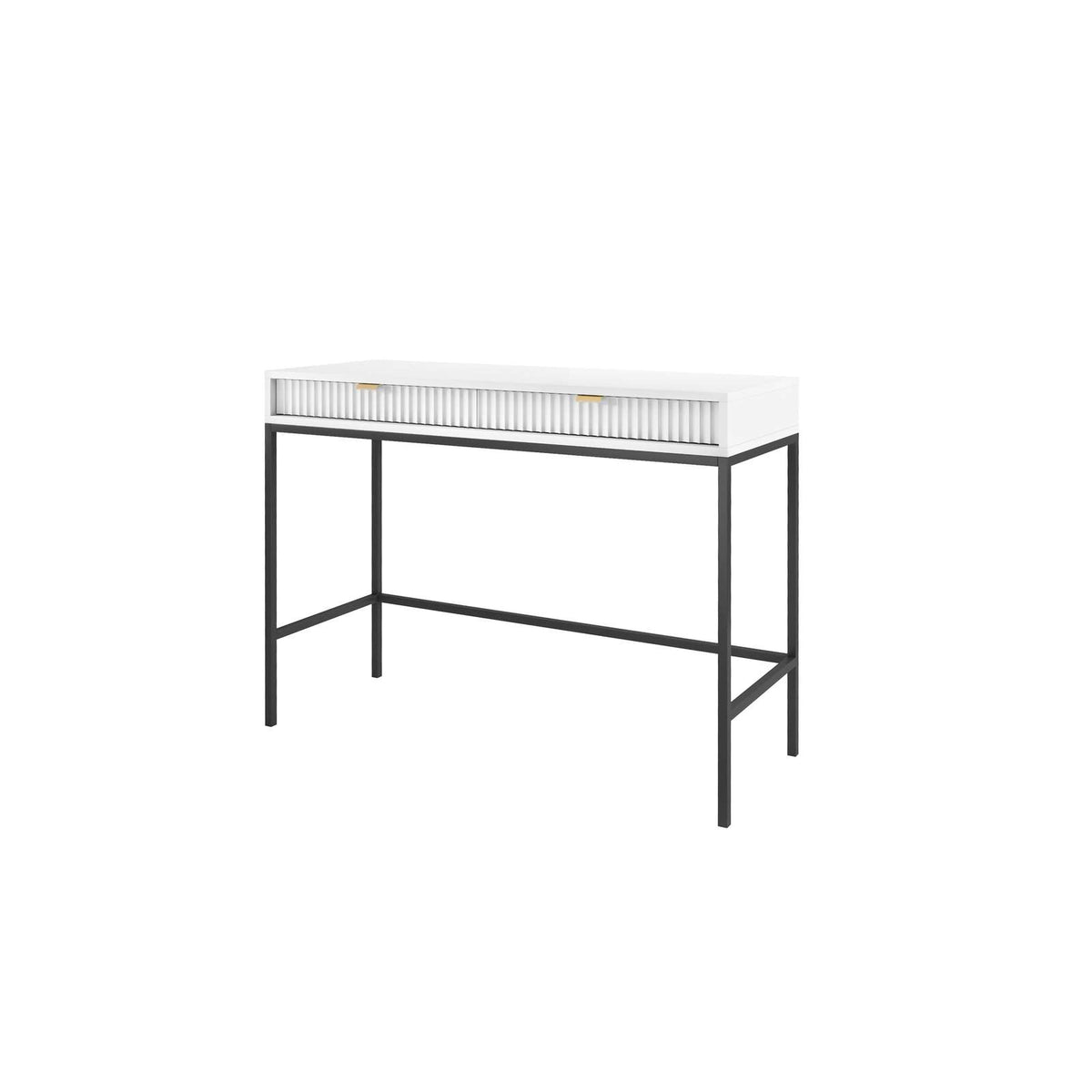 White console table with ribbed drawer front, open lower shelf, and black metal frame