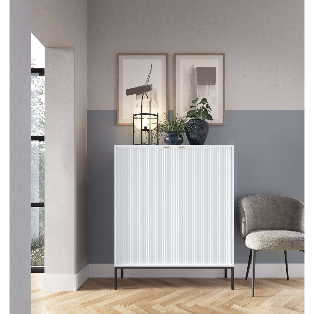 White 2-door highboard cabinet with vertical ribbed doors and dark legs