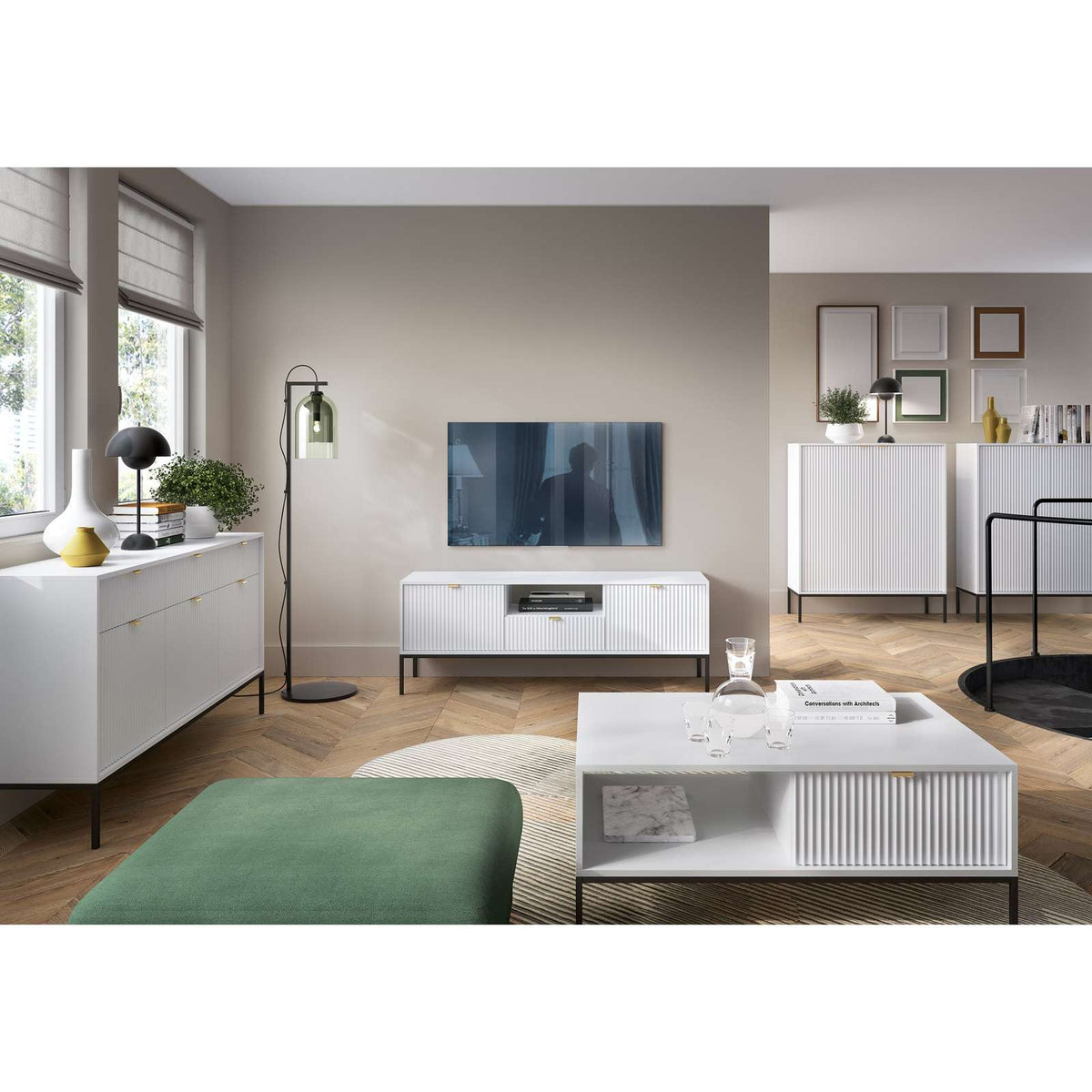 White 2-door highboard cabinet with vertical ribbed doors and black legs