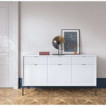 White ribbed sideboard with gold bar handles, black legs, three-door front