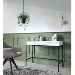Green console table with white ribbed drawer front, black frame, and open lower shelf