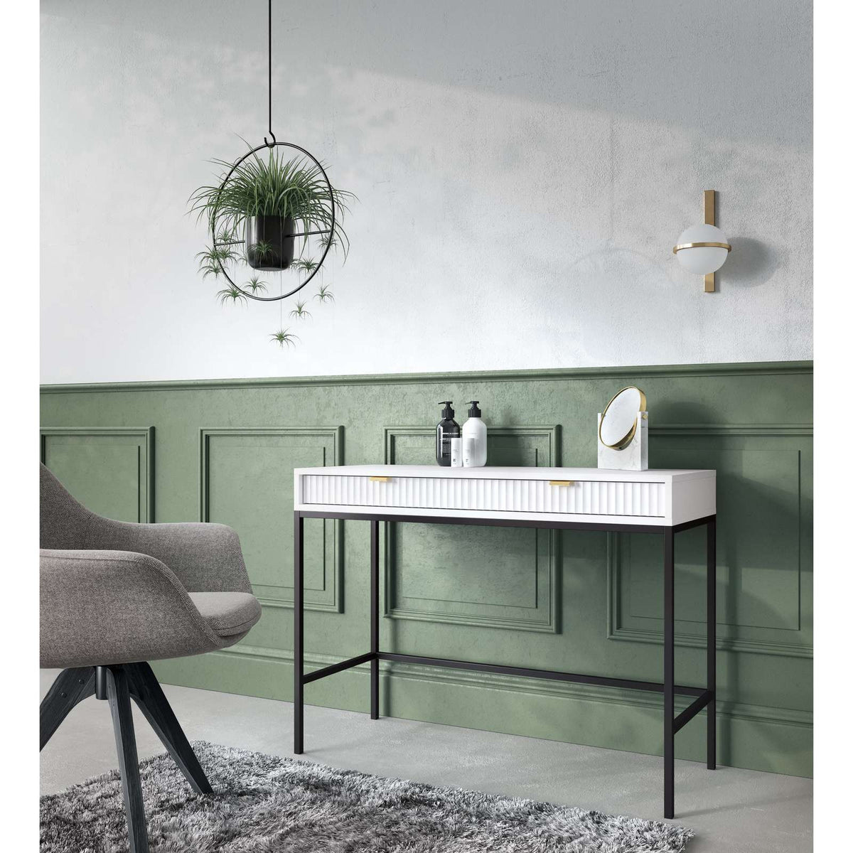 Green console table with white ribbed drawer front, black frame, and open lower shelf