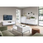 White ribbed sideboard with gold bar handles and three doors, on black legs