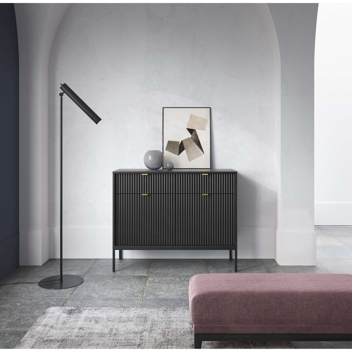 Black sideboard with gold handles, 2 drawers and 2 slatted doors, metal legs