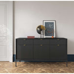 Dark gray ribbed sideboard with gold bar handles and three doors, on black legs
