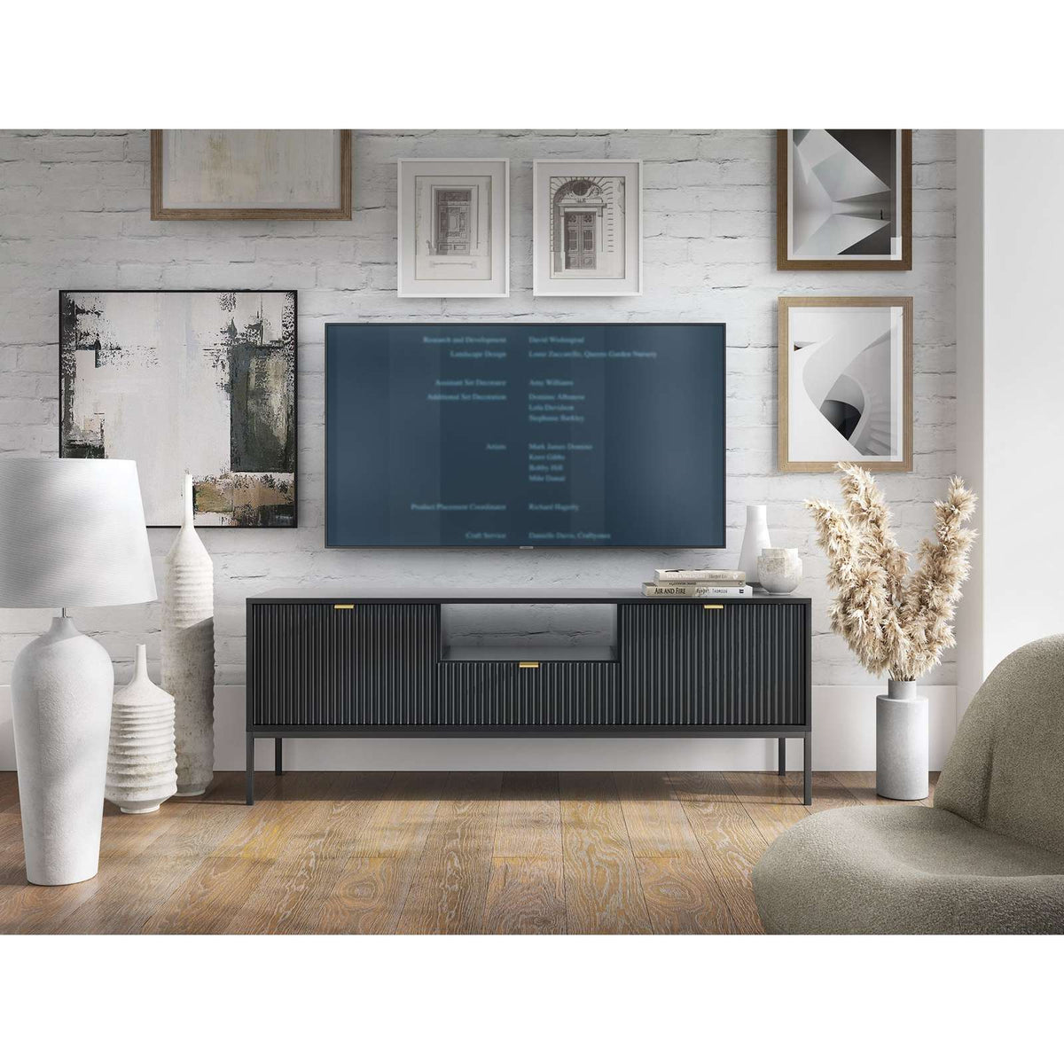 Black TV cabinet with ribbed doors and open center shelf