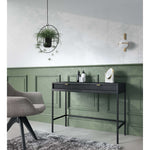 Green console table with dark ribbed drawer front, black frame, and open lower shelf