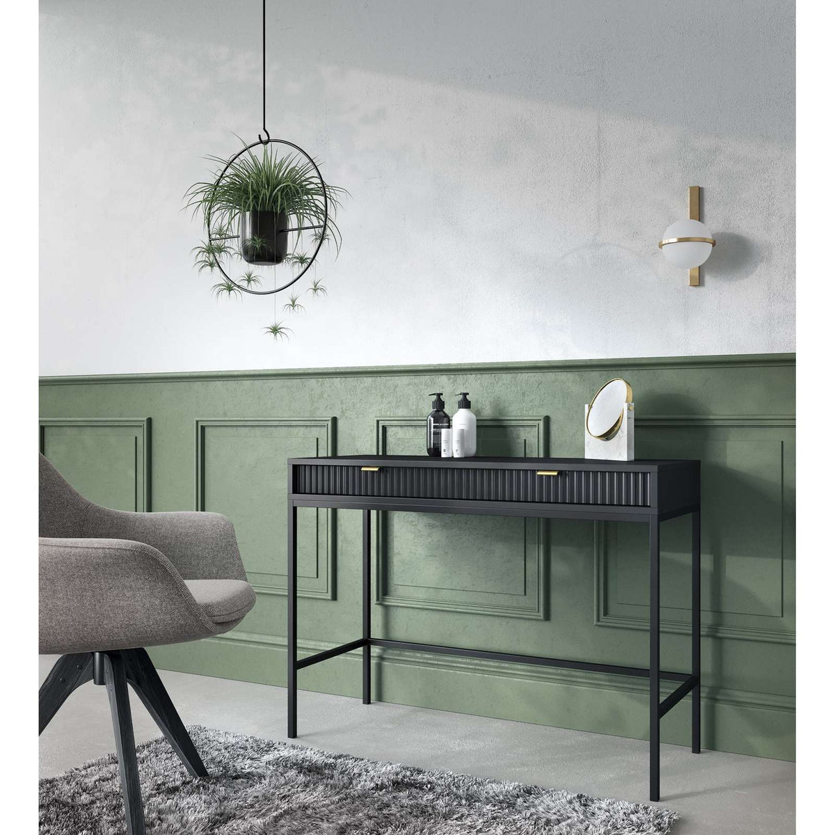 Green console table with dark ribbed drawer front, black frame, and open lower shelf