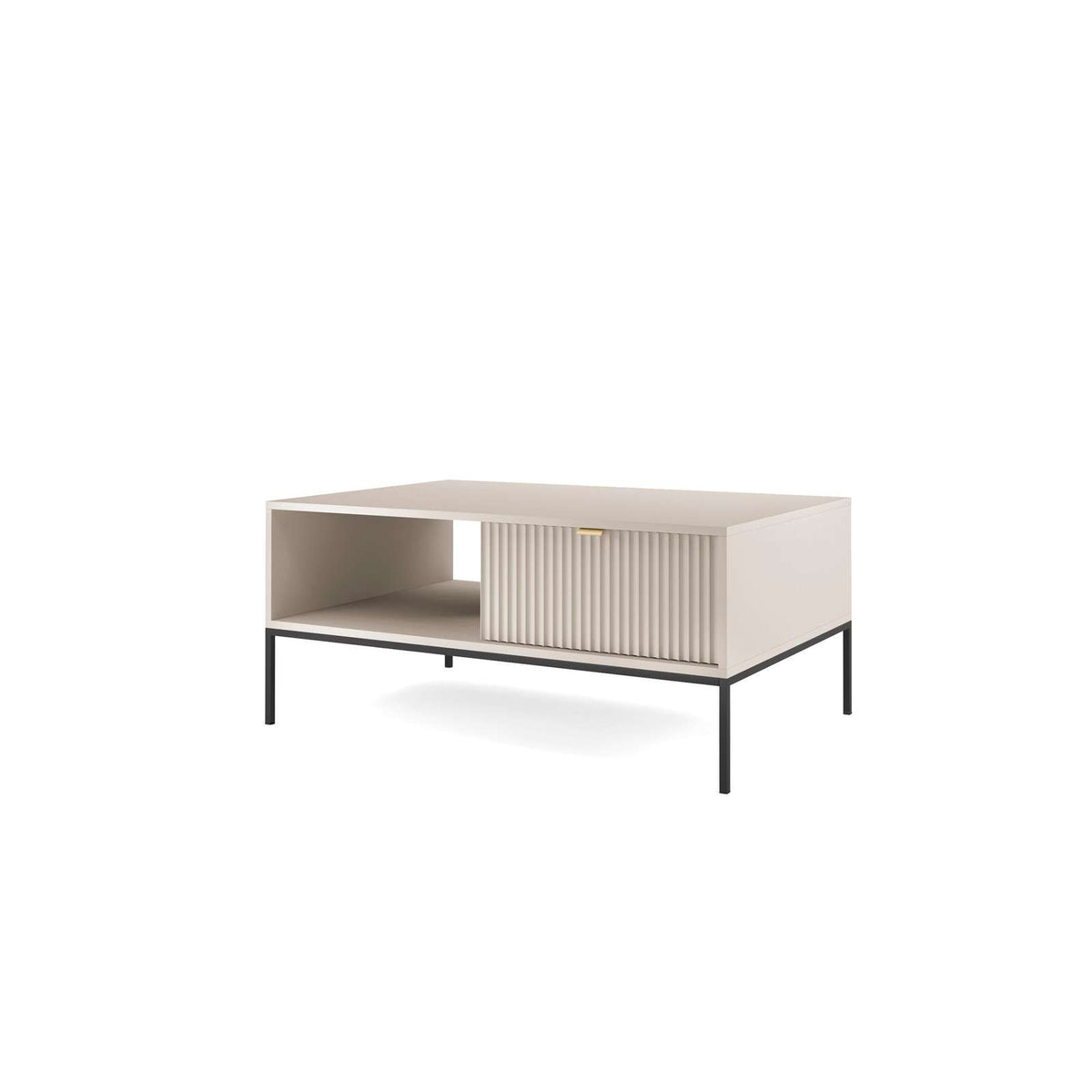 Light beige coffee table with open shelf and ribbed cabinet front