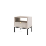 White bedside table with black legs, open shelf and slatted front panel.
