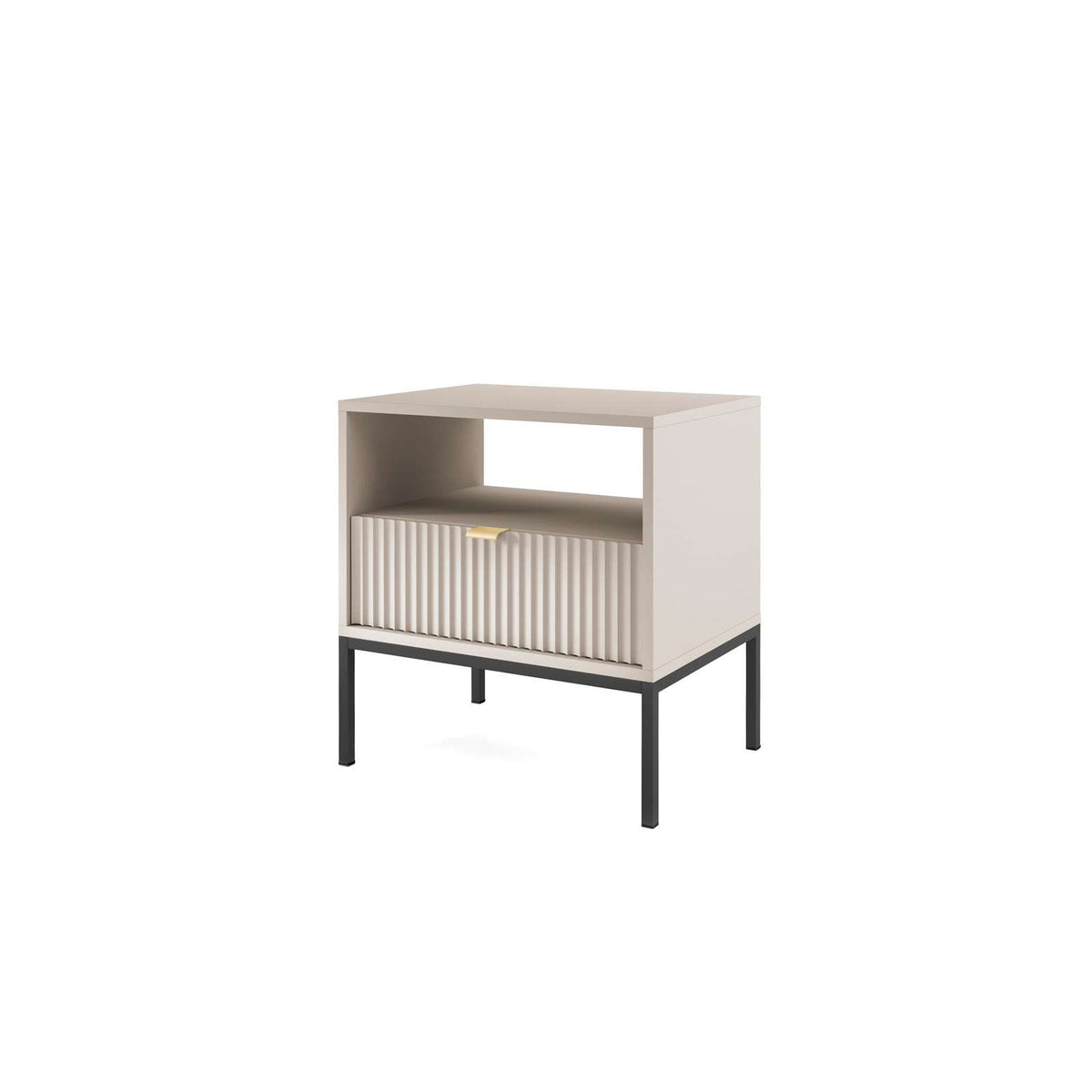 White bedside table with black legs, open shelf and slatted front panel.