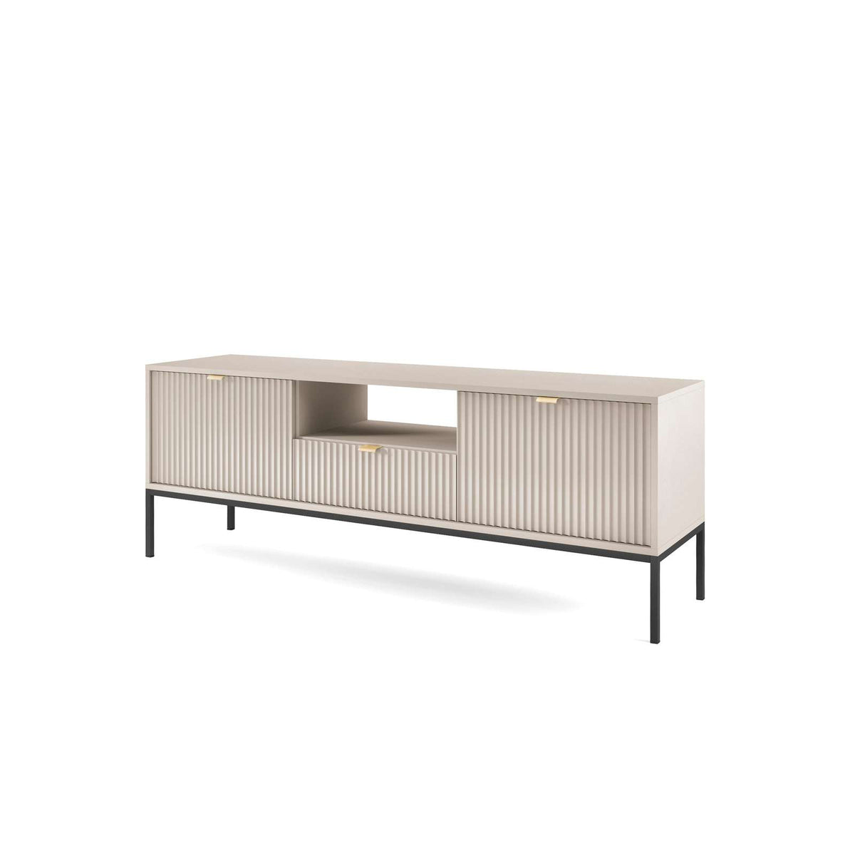TV cabinet with vertical-ribbed doors, open shelf, and slim black legs