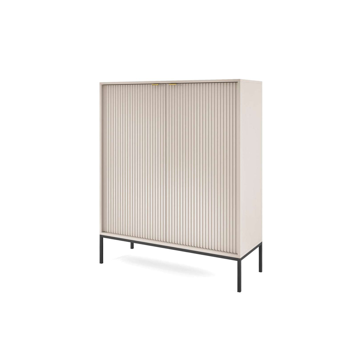 Two-door highboard with white vertical ribbed doors and slender black legs