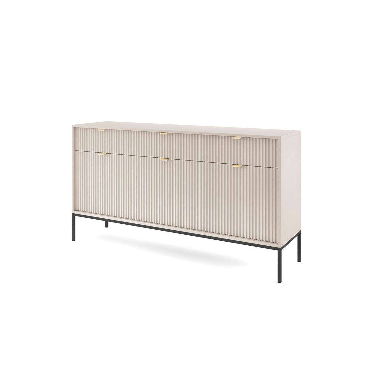 Cream sideboard with vertical ribbed doors, three drawers, gold bar handles, black legs