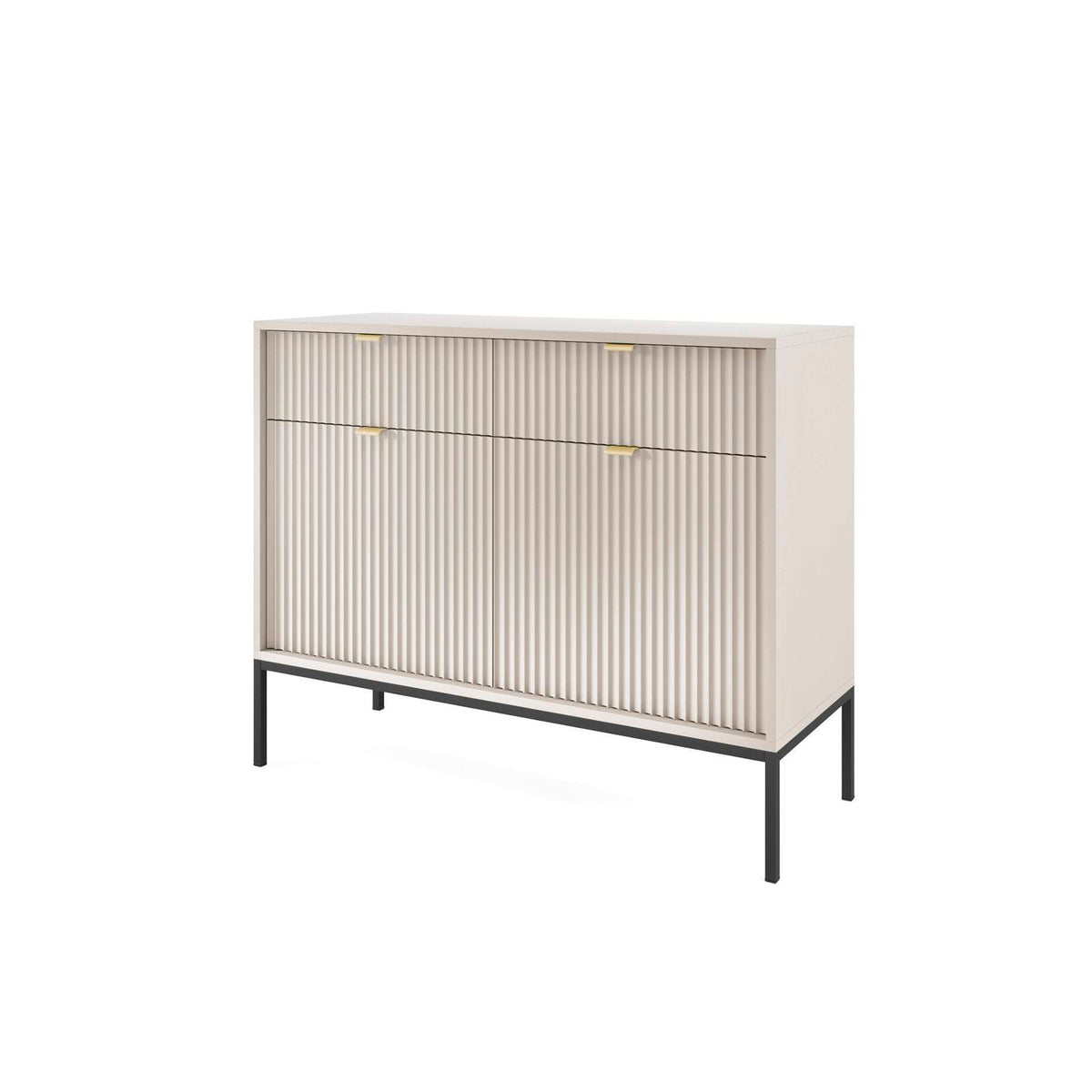 Cashmere sideboard with 2 drawers and 2 slatted doors, gold handles, metal legs