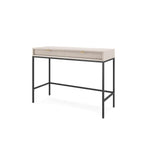 White console table with ribbed drawer front, open lower shelf, and black metal frame