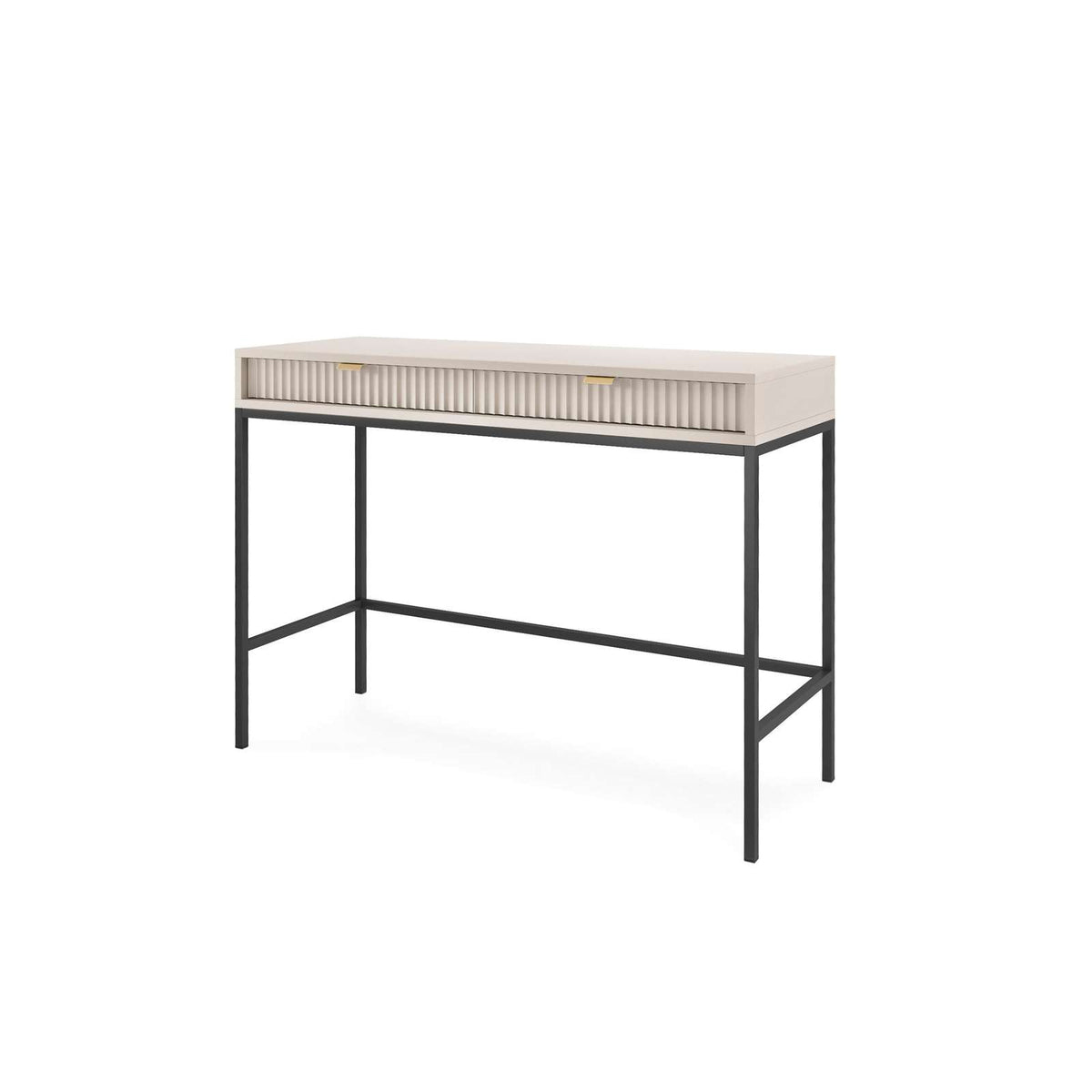 White console table with ribbed drawer front, open lower shelf, and black metal frame