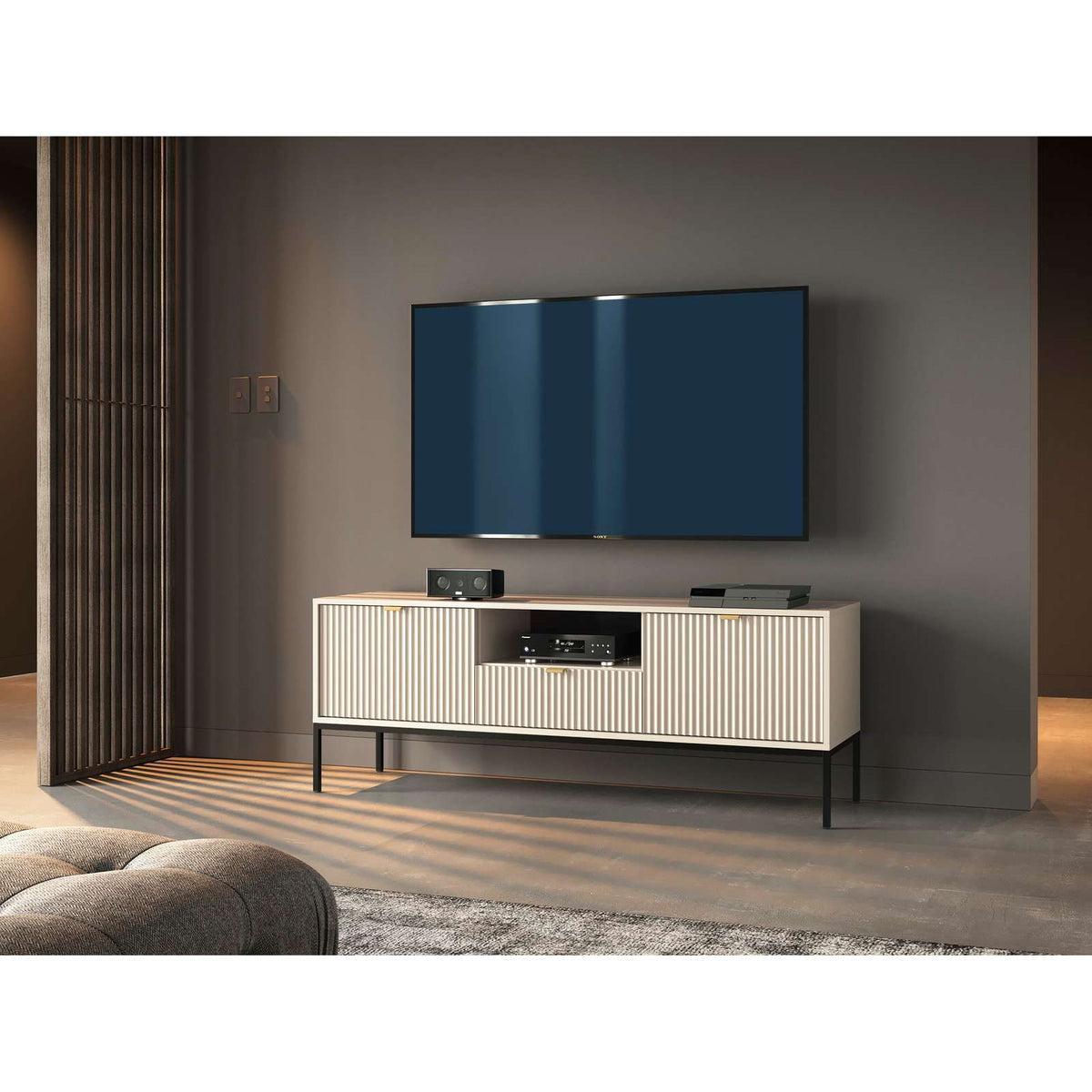 TV console with vertical-ribbed drawers, open media shelf, and black metal legs