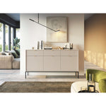 Cream sideboard with 3 doors and 3 drawers, gold bar pulls, black frame