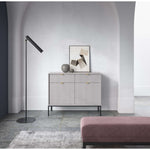 Grey sideboard with 2 drawers and 2 slatted doors, gold handles, metal legs