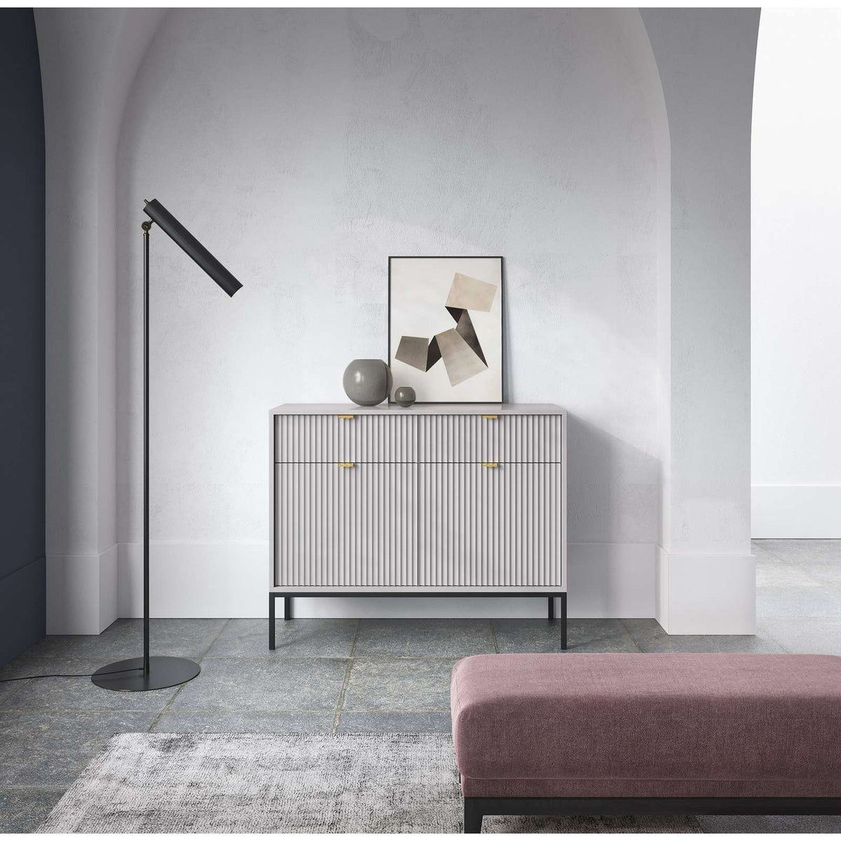 Grey sideboard with 2 drawers and 2 slatted doors, gold handles, metal legs