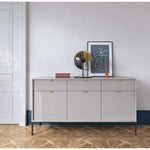 Light gray ribbed sideboard with gold bar handles and three doors, on black legs