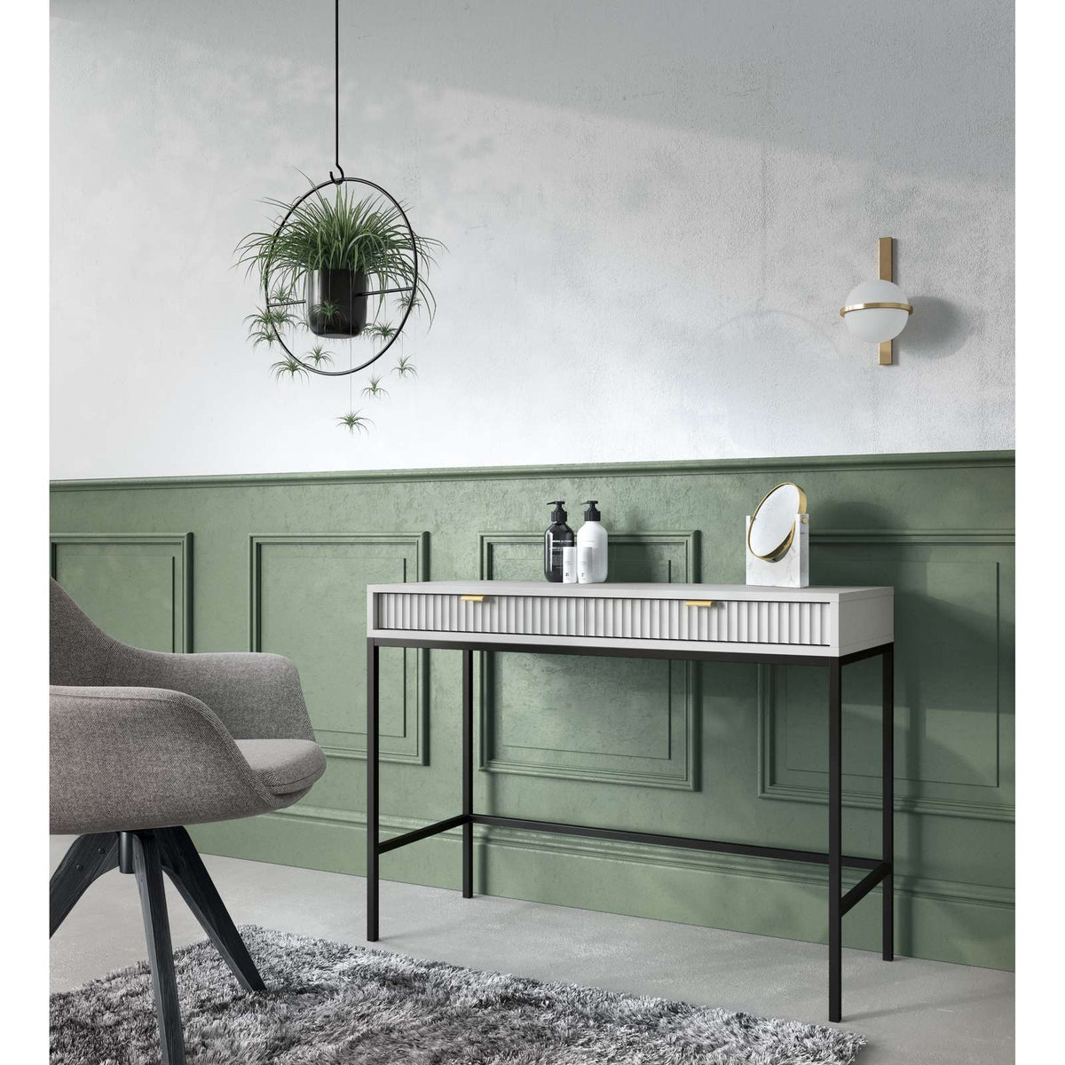Green console table with light ribbed drawer front, black frame, and open lower shelf